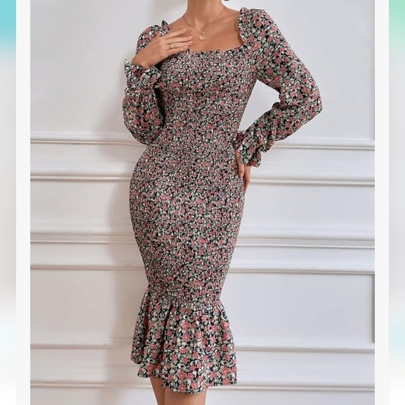 PRETTYGARDEN Long Puff Sleeve Floral Midi Bodycon Dress Size Large - Picture 10 of 11